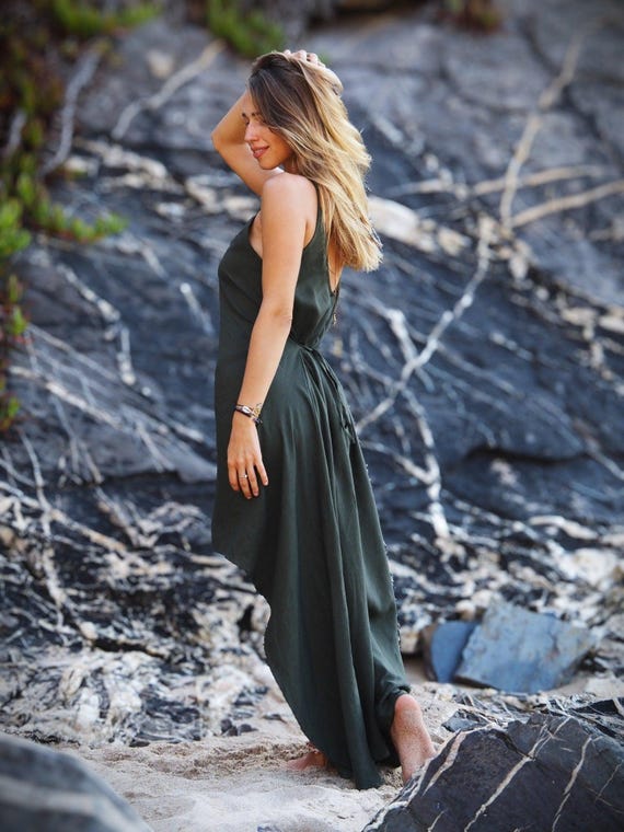 navy blue dress for baby girl Linen Cotton Goddess Maxi Dress: Dark Green Asymmetrical Sleeveless Boho  Dress