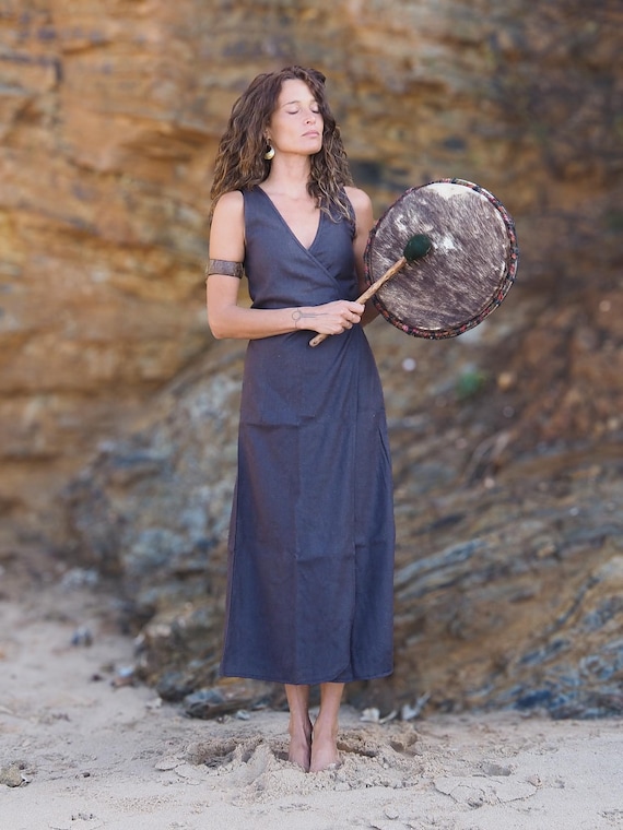 Raw Silk Wrap Dress: Sleeveless Boho Maxi, Ceremonial Clothing