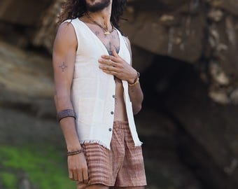 Natural Cotton Men's Vest: Off-White Boho Waistcoat