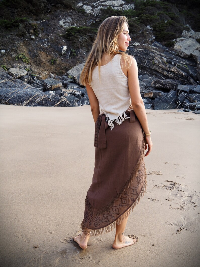 Tribal Block Print Wrap Skirt, Fairy Skirt, Pixie Skirt, Frayed Boho Skirt, Gypsy Skirt, Hippie Skirt, Festival Skirt, Layered Skirt, Earthy zdjęcie 8