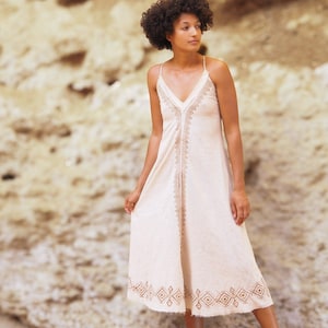 Earthy Goddess Block Print Dress, Raw Cotton Maxi Dress, White Long Cotton Dress, Long Boho Dress, Natural Earthy Clothing, Festival Wear