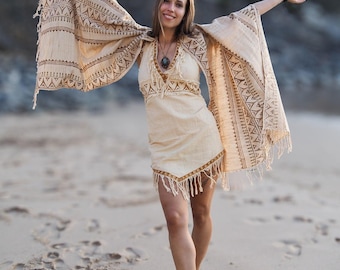 Katoenen Khadi-sjaal: gerafelde boho-omslagdoek met tribal blokprint