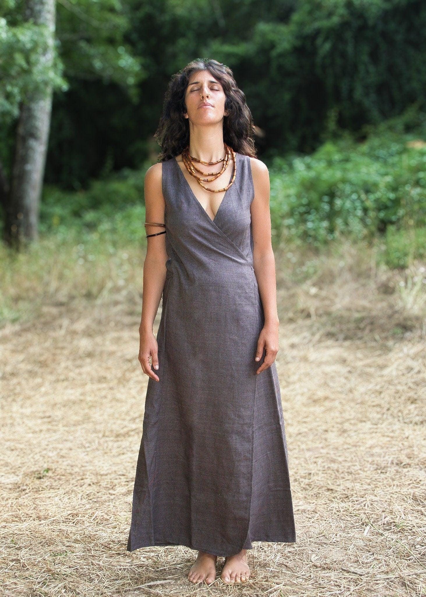 Raw Silk Wrap Dress, Tribal Clothing, Boho Wrap Dress, Beach Dress, Loose Maxi Dress, Natural Clothing, Ceremonial Dress, Sleeveless Dress