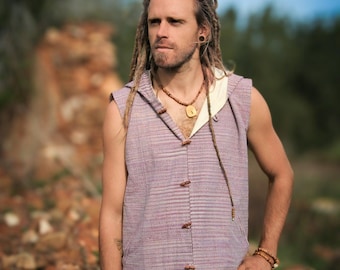 Men's Khadi Cotton Hooded Vest - Earthy Violet Boho Waistcoat