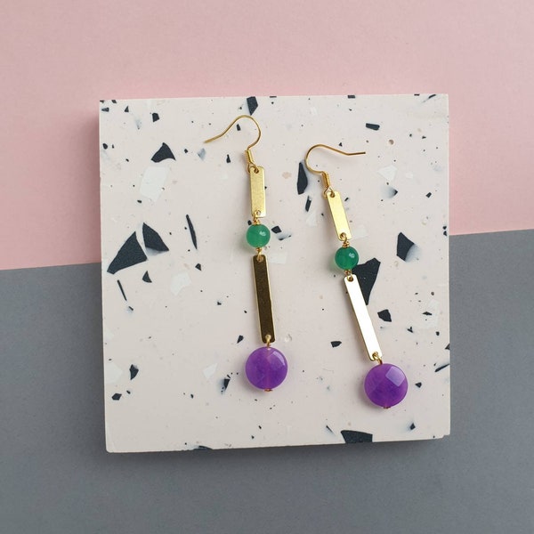 Candy jade and brass bar earrings - purple and green long dangle earrings