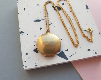 Large round locket necklace - long vintage brass necklace