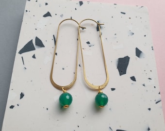 Faceted green jade and brass earrings - long dangle earrings