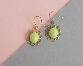 Brass and lime vintage glass drop earrings