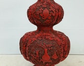 Chinese Carved Cinnabar Double Gourd Vase Qianlong Mark