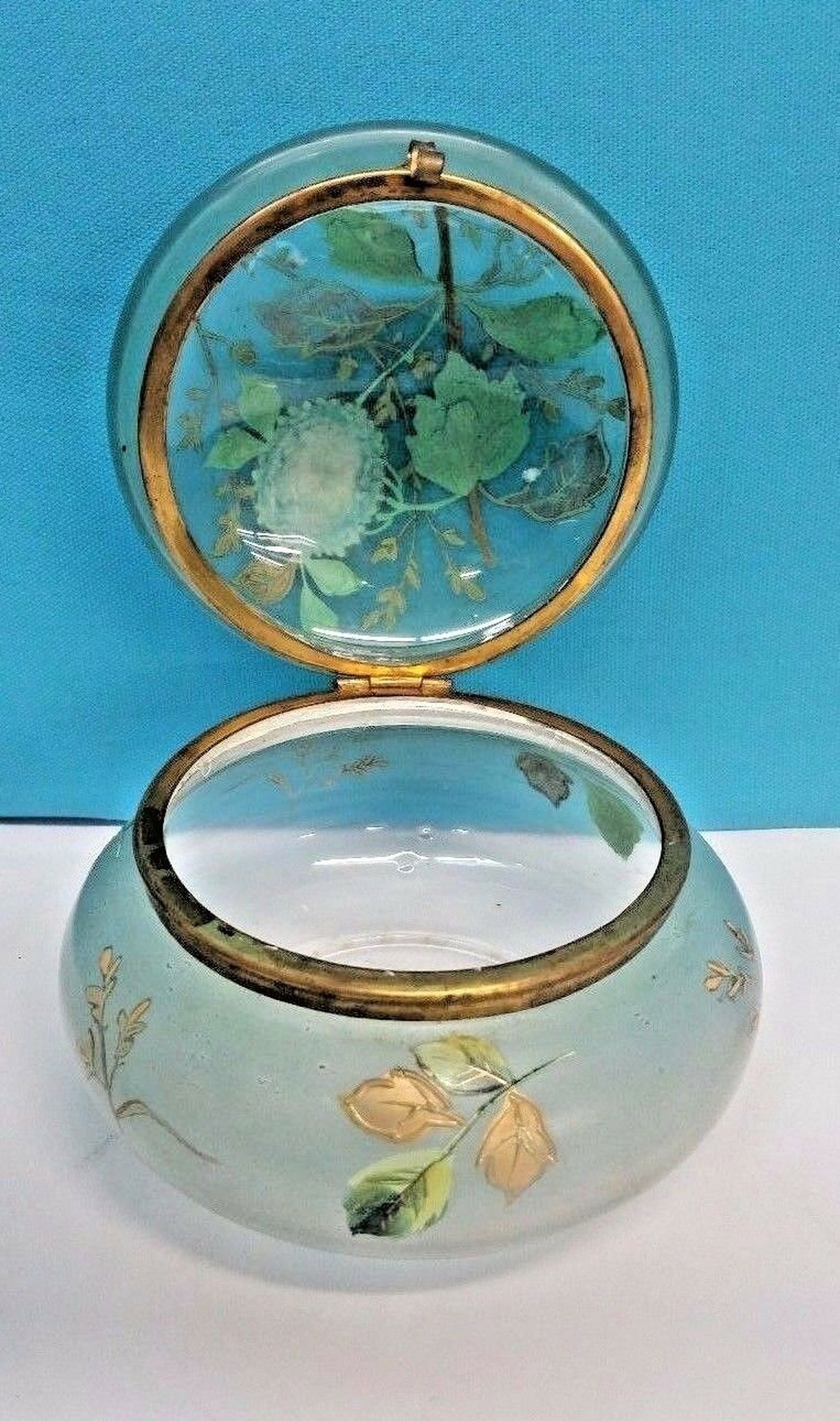 Antique Artisan Glass Container With Floral Designs Hand Etsy