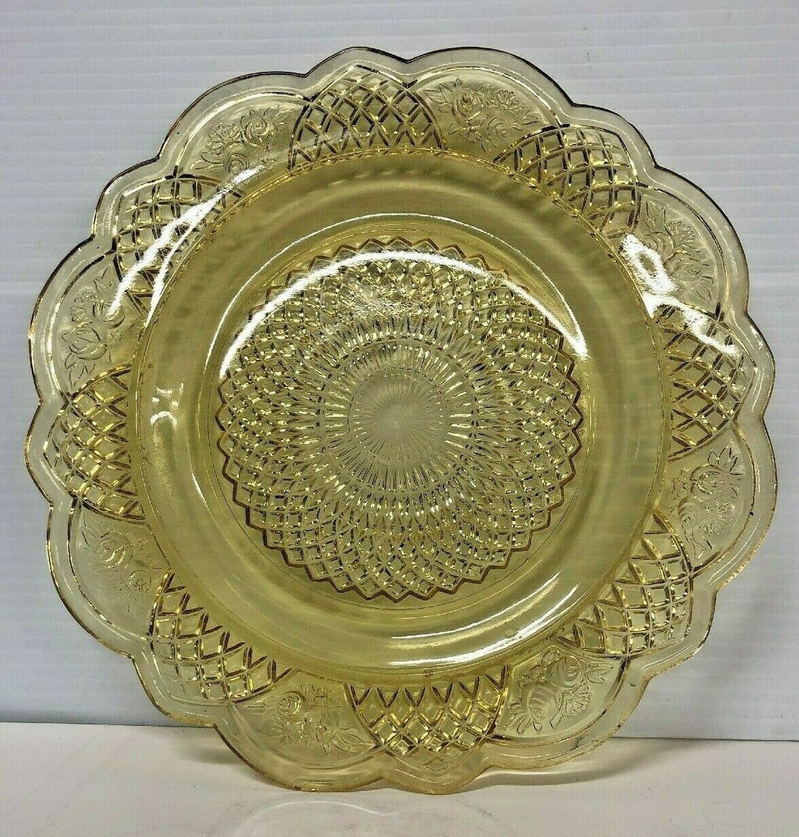 Depression Glass Plate Clear Light Yellow Braided Etched Roses Etsy