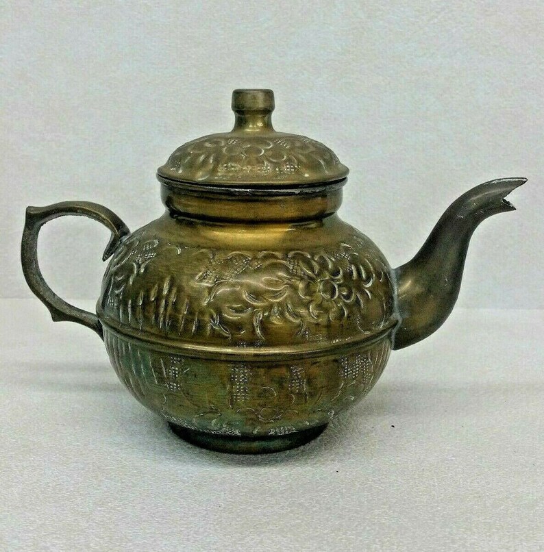 Antique Brass Hammered Repousse Teapot Etsy