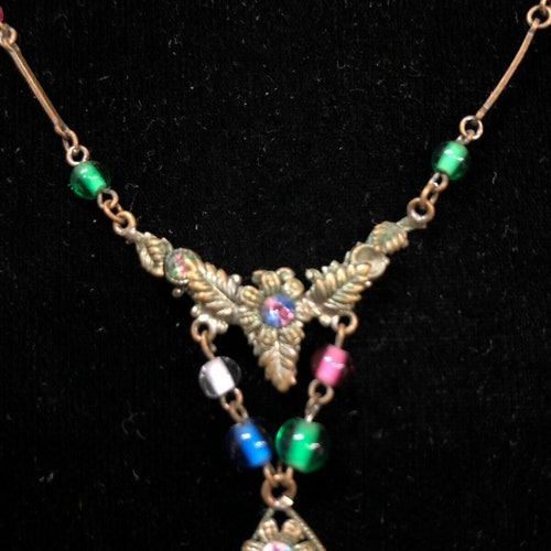 Antique Rainbow Rhinestones & Beads Czechoslovakia Silver Tone Necklace shops 15 1/2”