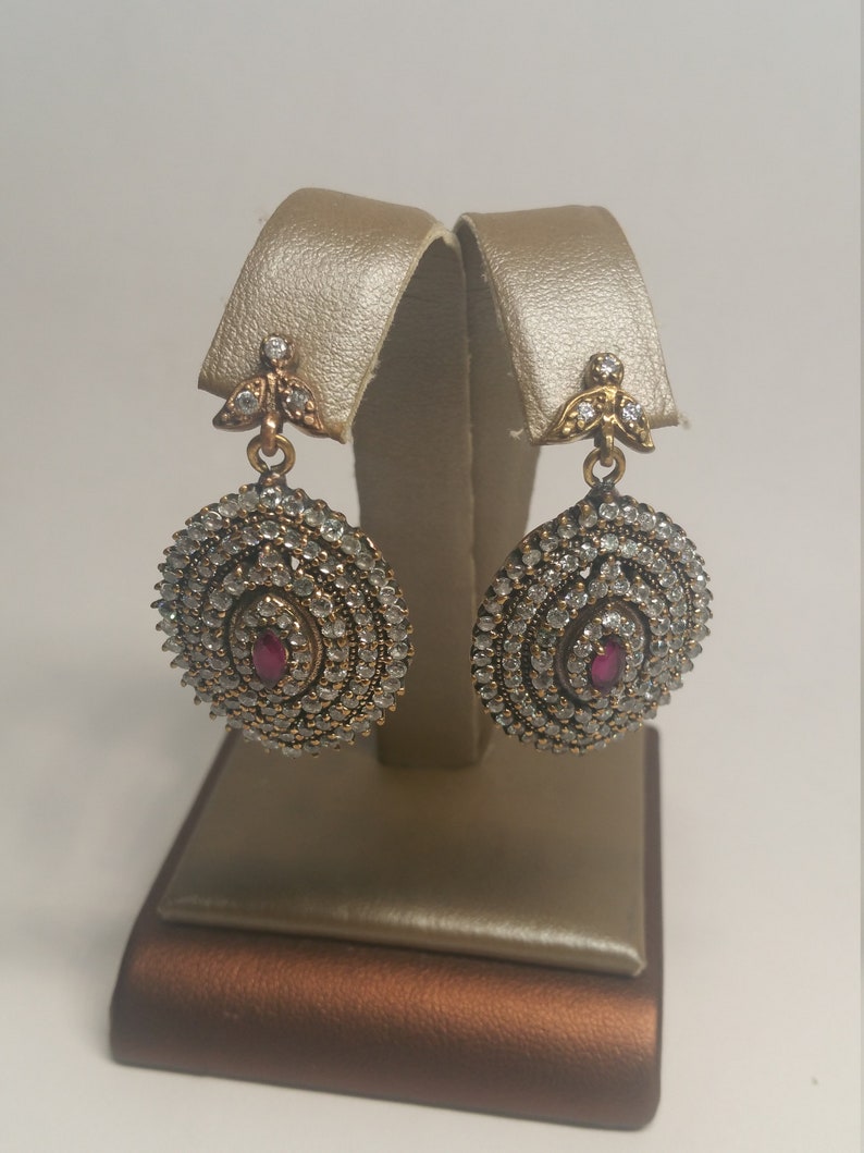 Vintage Ruby White Topaz Sterling Silver Rose Gold Tone Dangle Earrings