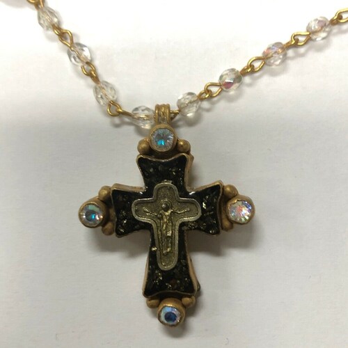 MEX CO Heart & Cross Necklace 4 Rows Crystal Beads shops and Color Stones 22K Gold tone