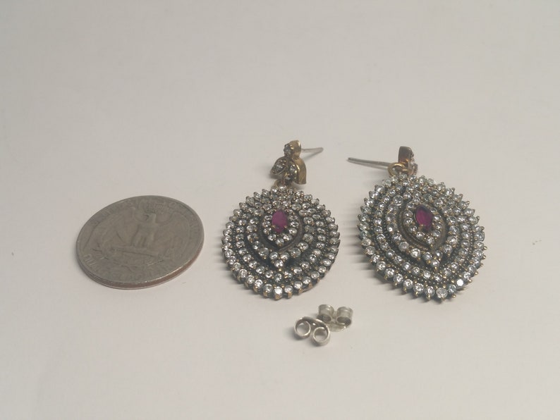 Vintage Ruby White Topaz Sterling Silver Rose Gold Tone Dangle Earrings