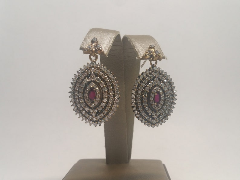 Vintage Ruby White Topaz Sterling Silver Rose Gold Tone Dangle Earrings