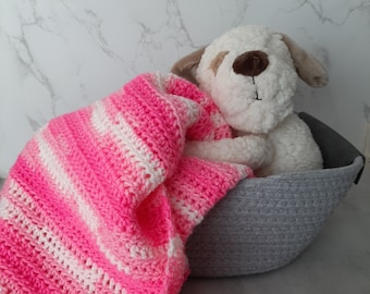 Pink Crocheted Baby Blanket, Soft White Stripes, Nursery Decor