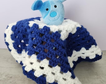 Crocheted Puppy Lovey, Blue and White Baby Security Blanket