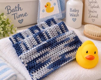Crocheted Baby Washcloths, 100% Cotton, Blue and White Set of 3