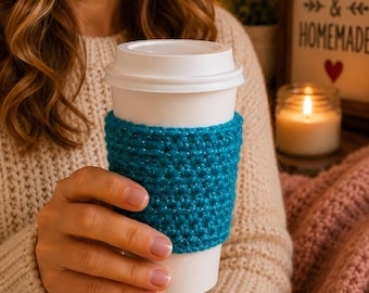 Turquoise Sparkle Cup Sleeve, Reusable Cup Sleeve, Coffee Lover Gift, Handmade