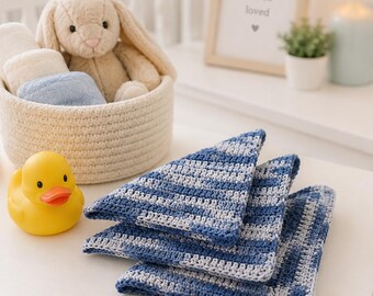 Crocheted Baby Washcloths, 100% Cotton, Blue and White Set of 3