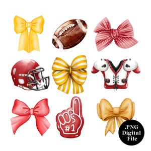 Coquette Watercolor Football and Bows Digital Clipart | Football Themed Spirit Wear | Sublimation | Yellow Gold Red | Cheer Bow