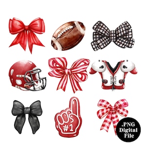 Può includere: Un set di immagini clipart digitali con design a tema football. Il set include un pallone da football, un casco da football, una maglia, un dito di spugna e fiocchi in motivi a scacchi rossi, bianchi e neri.