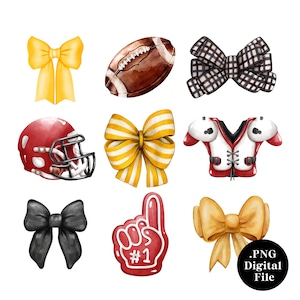 Coquette Watercolor Football and Bows Digital Clipart | Football Themed Spirit Wear | Sublimation | Yellow Black Gold Red | Cheer Bow