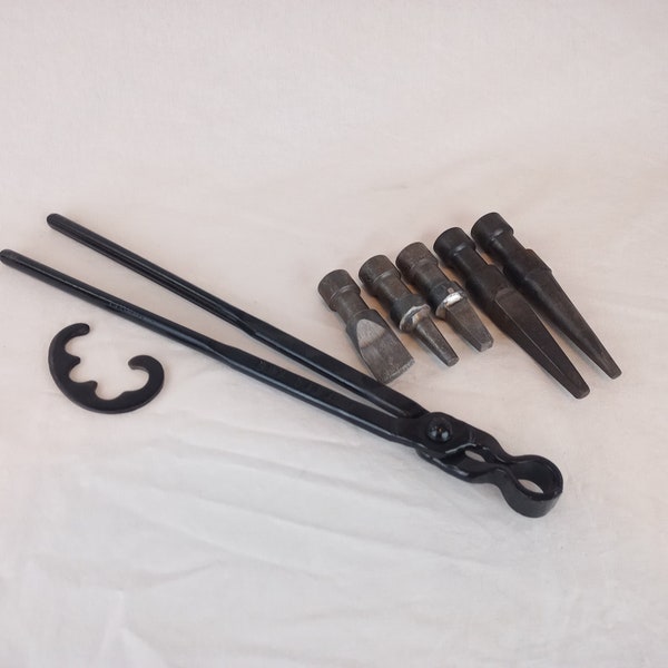 Blacksmith tool tong set with punches, drifts and slitting chisel