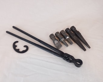 Blacksmith tool tong set with punches, drifts and slitting chisel