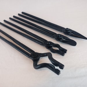 Blacksmith tongs forging blade smith starter set. Flat jaw, scrolling, v-bit tong, and blade tong forge anvil smithing