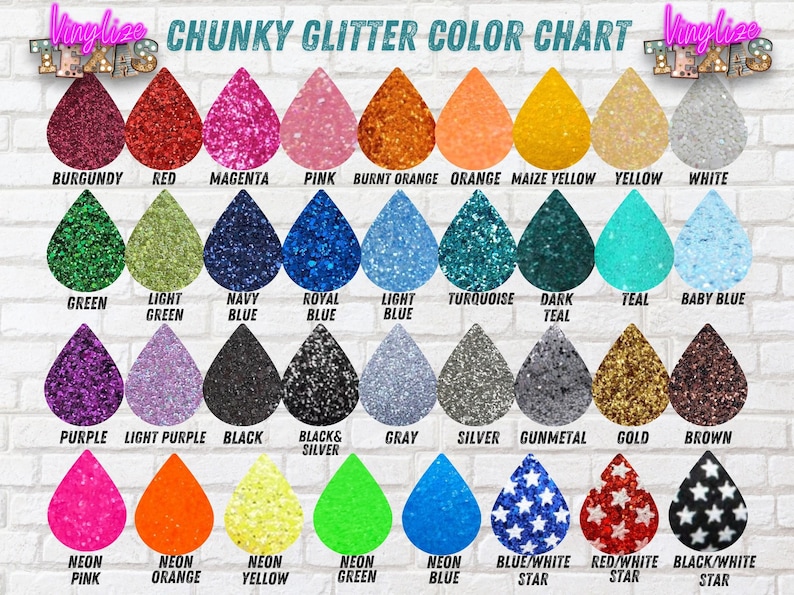 May include: Color chart showing 30 different colors of chunky glitter. The glitter is arranged in rows of five, with each color labeled below. The colors include burgundy, red, magenta, pink, burnt orange, orange, maize yellow, yellow, white, green, light green, navy blue, royal blue, light blue, turquoise, dark teal, teal, baby blue, purple, light purple, black, black and silver, gray, silver, gunmetal, gold, brown, neon pink, neon orange, neon yellow, neon green, neon blue, blue/white star, red/white star, and black/white star.