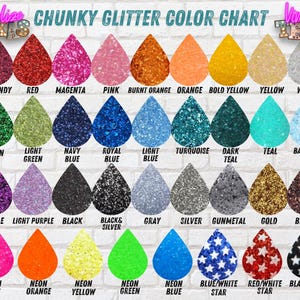 K&ouml;nnte beinhalten: Farbkarte mit 28 verschiedenen Farben von grobem Glitter. Der Glitter ist in kleinen Tropfenformen dargestellt. Die Farben umfassen Burgunderrot, Rot, Magenta, Rosa, gebranntes Orange, Orange, kr&auml;ftiges Gelb, Gelb, Wei&szlig;, Gr&uuml;n, Hellgr&uuml;n, Marineblau, K&ouml;nigsblau, Hellblau, T&uuml;rkis, Dunkelblau, Teal, Babyblau, Lila, Helllila, Schwarz, Schwarz und Silber, Grau, Silber, Gunmetal, Gold, Braun, Neonrosa, Neonorange, Neongelb, Neongr&uuml;n, Neonblau, Blau-Wei&szlig;er Stern, Rot-Wei&szlig;er Stern und Schwarz-Wei&szlig;er Stern.