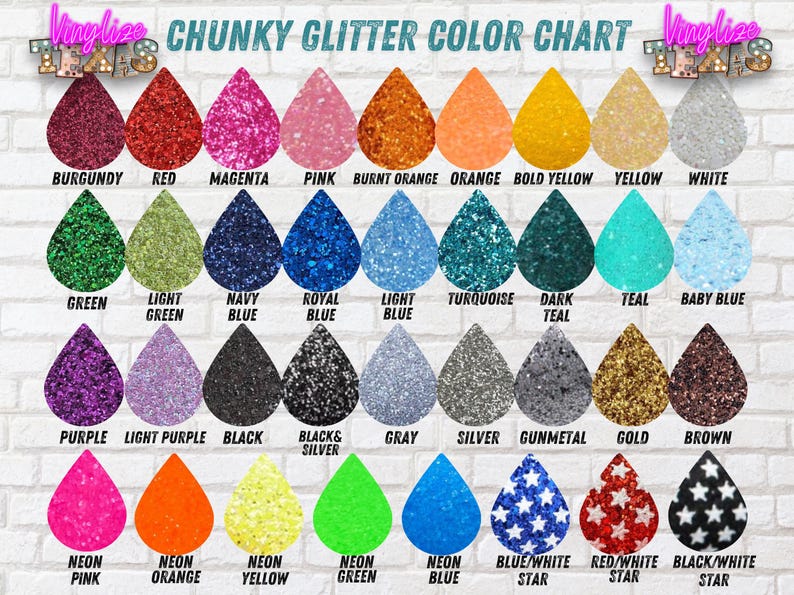K&ouml;nnte beinhalten: Farbkarte mit 28 verschiedenen Farben von grobem Glitter. Der Glitter ist in kleinen Tropfenformen dargestellt. Die Farben umfassen Burgunderrot, Rot, Magenta, Rosa, gebranntes Orange, Orange, kr&auml;ftiges Gelb, Gelb, Wei&szlig;, Gr&uuml;n, Hellgr&uuml;n, Marineblau, K&ouml;nigsblau, Hellblau, T&uuml;rkis, Dunkelblau, Teal, Babyblau, Lila, Helllila, Schwarz, Schwarz und Silber, Grau, Silber, Gunmetal, Gold, Braun, Neonrosa, Neonorange, Neongelb, Neongr&uuml;n, Neonblau, Blau-Wei&szlig;er Stern, Rot-Wei&szlig;er Stern und Schwarz-Wei&szlig;er Stern.