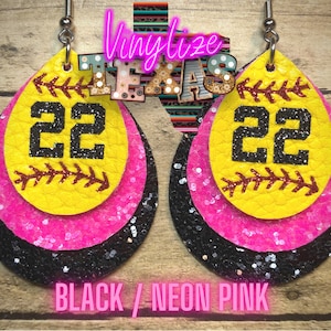 May include: A pair of black, neon pink, and yellow glitter softball earrings with the number 22 on each earring.