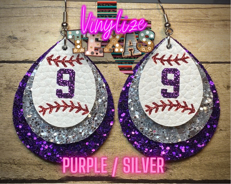 Custom Triple Layer Baseball Jersey Number Earrings Purple