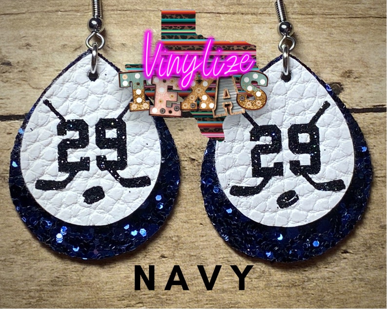 Custom Hockey Jersey Number Earrings Blue (Navy)