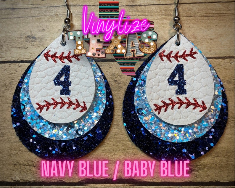 Custom Triple Layer Baseball Jersey Number Earrings Blue (Navy)