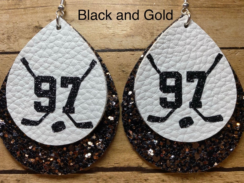 Custom Hockey Jersey Number Earrings Black & Gold