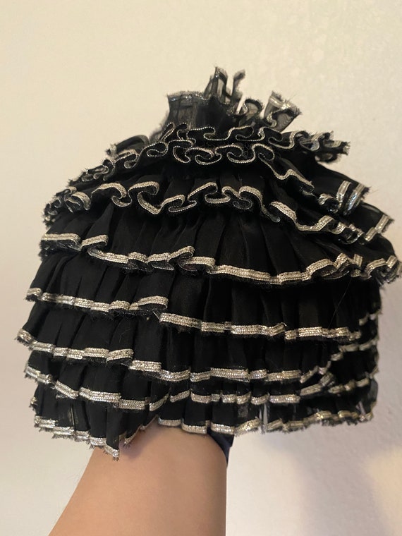 Sliver and black ruffle Sea Siren swim cap
