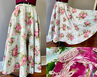 Spódnica z różowo-niebieskimi różami w stylu vintage z lat 50. XX wieku, 27,5" z aksamitu, flokowana