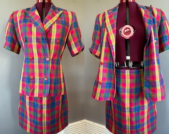 Vintage 1980s Bright Colors Plaid Summer suit