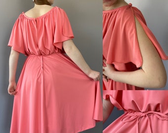 Vintage 1970s Grecian style coral pink flowy dress