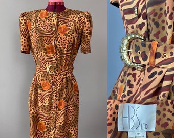 Vintage 29-33" 1990s Floral cheetah dress and belt