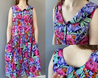 Vintage 1980s bright floral dress with POCKETS
