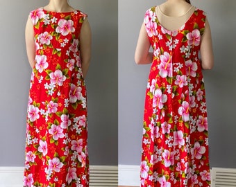 Vintage M/L 1960s Hibiscus Dress Hawaiian Maxi Hostess Barkcloth