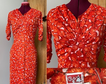 Vintage 1950 Floral Red Rayon Wiggle Dress