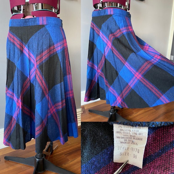 vintage 34" années 1970 Jupe demi-cercle plissée bleue et noire Plaid