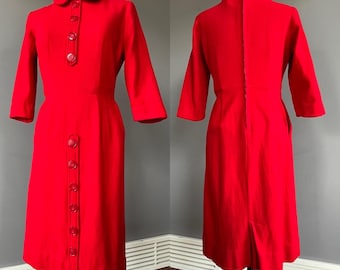 Sukienka z prawdziwej czerwonej wełny w stylu vintage M z lat 50. XX wieku